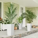 22.8 Inch Set of 3 Outdoor Planters with Stone Finish and Wheels, Stackable Tapered Planters with Drainage Hole, White - Image 2