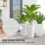 22.8 Inch Set of 3 Outdoor Planters with Stone Finish and Wheels, Stackable Tapered Planters with Drainage Hole, White - Image 5