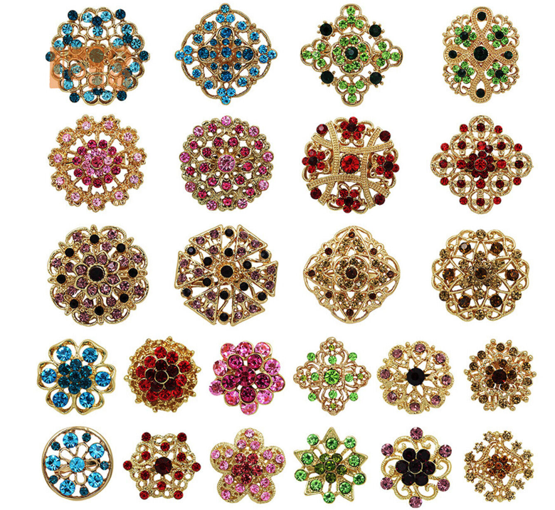24 Piece Vintage Style Rhinestone Crystal Brooch Pin Set for DIY Bouquets