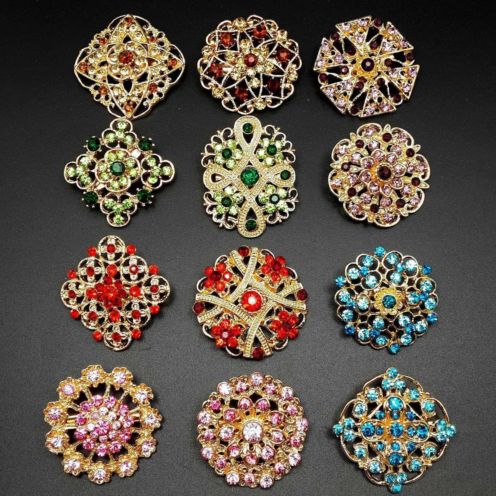 24 Piece Vintage Style Rhinestone Crystal Brooch Pin Set for DIY Bouquets