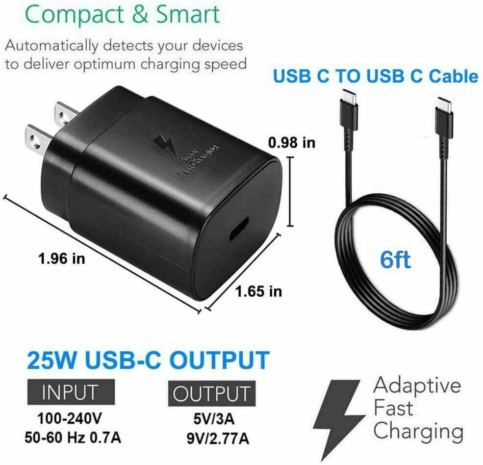 25W USB C Fast Wall Charger with 6 Foot Cable for Samsung Galaxy S20 S21 S22
