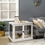26" Wooden Dog Cage Dog Crate Furniture, Indoor Dog Kennel, Dog Cage End Table with 2 Lockable Doors Entrance and Top Shelf, White - Image 2