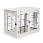 26" Wooden Dog Cage Dog Crate Furniture, Indoor Dog Kennel, Dog Cage End Table with 2 Lockable Doors Entrance and Top Shelf, White