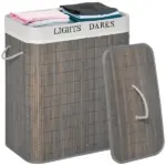 26.4-Gals Bamboo Laundry Hamper with Lid and Handles, 2-Section Collapsible Laundry Basket, Gray - Image 11