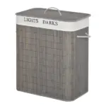 26.4-Gals Bamboo Laundry Hamper with Lid and Handles, 2-Section Collapsible Laundry Basket, Gray
