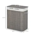 26.4-Gals Bamboo Laundry Hamper with Lid and Handles, 2-Section Collapsible Laundry Basket, Gray - Image 3