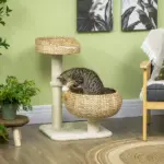 PawHut 28" Elevated Cat Bed with Sisal Scratching Post for Indoor Kitties, Modern Cat Tree with Cute Basket Design, Small Cat Tree with Fun Ball Toy - Image 2