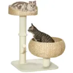 PawHut 28" Elevated Cat Bed with Sisal Scratching Post for Indoor Kitties, Modern Cat Tree with Cute Basket Design, Small Cat Tree with Fun Ball Toy