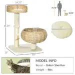 PawHut 28" Elevated Cat Bed with Sisal Scratching Post for Indoor Kitties, Modern Cat Tree with Cute Basket Design, Small Cat Tree with Fun Ball Toy - Image 3