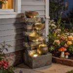 28" Outdoor Fountain with 5-Tier Rustic Jugs, Cascading Waterfall with LED Lights, Adjustable Flow, Rustic Brown - Image 10