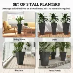 Outsunny 28" Tall Planters, Set of 3 Plastic Flower Pots with Marble Finish and Drainage Holes, Stackable Taper Planters, Black - Image 4