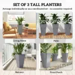 Outsunny 28" Tall Planters, Set of 3 Plastic Flower Pots with Marble Finish and Drainage Holes, Stackable Taper Planters, Gray - Image 4