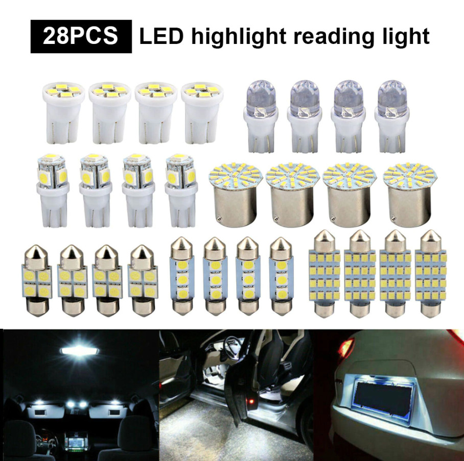 28 Piece White LED Car Interior Light Bulb Assortment, 12V