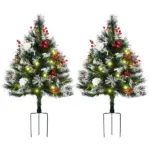 HOMCOM 2ft 2-Pack Outdoor Entryway Pre-Lit Artificial Christmas Tree Cordless with 70 Branches, LED lights, Red Berries, Pine Cones and Balls, Green