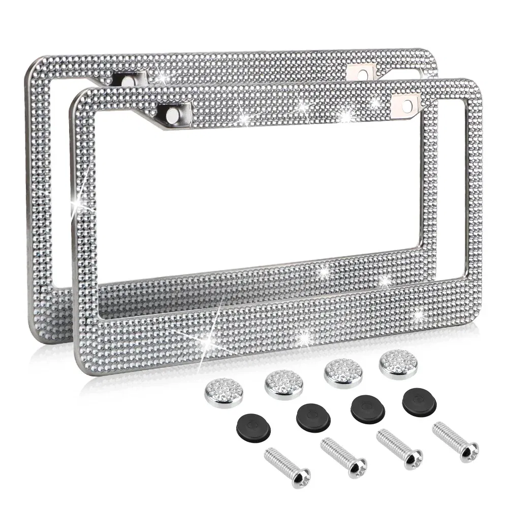 2 Pack Rhinestone Crystal License Plate Frames with Screw Caps