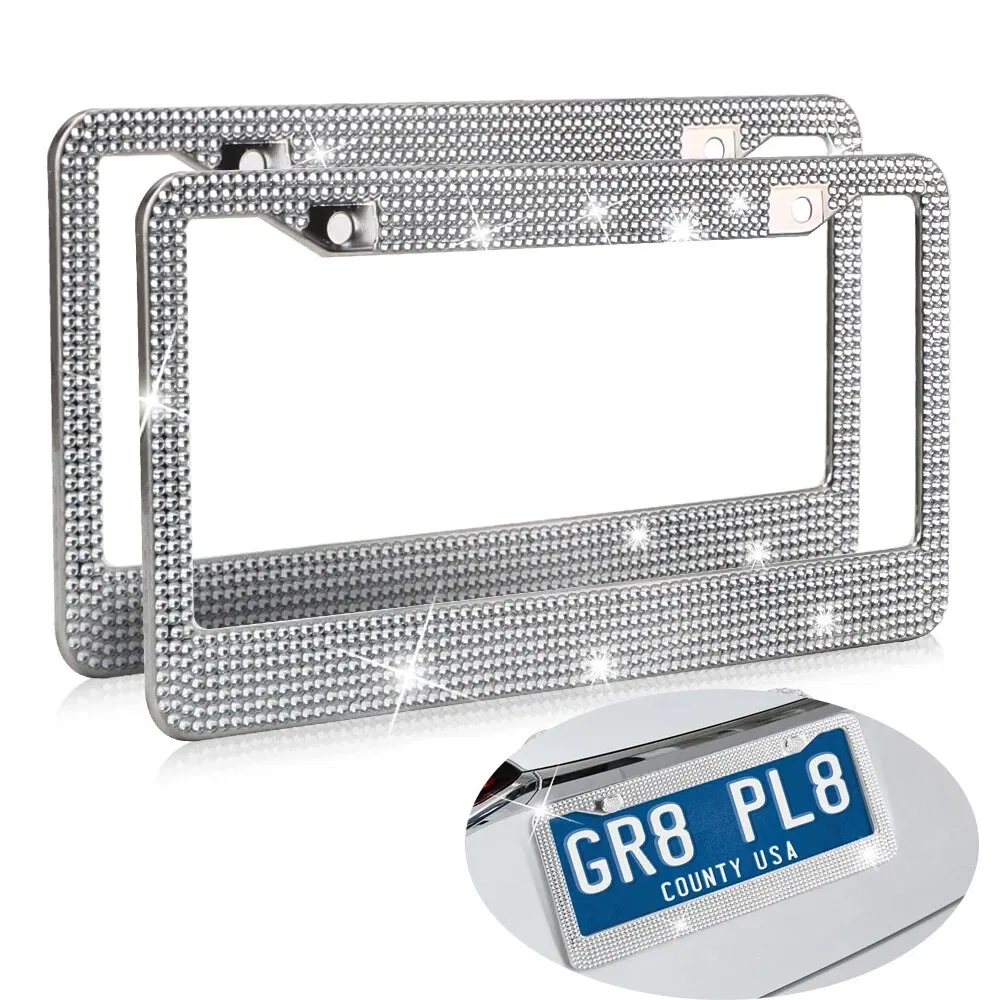 2 Pack Rhinestone Crystal License Plate Frames with Screw Caps