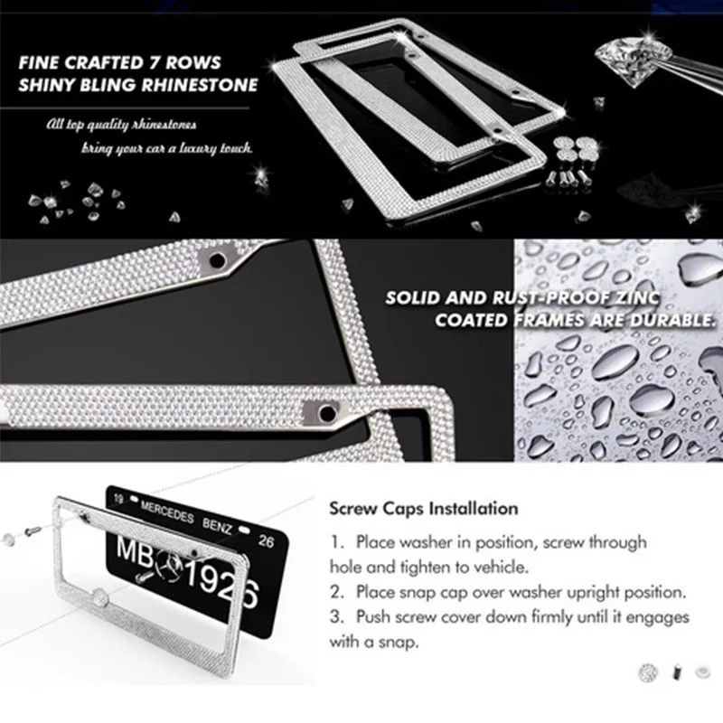 2 Pack Rhinestone Crystal License Plate Frames with Screw Caps