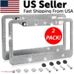 2 Pack Rhinestone Crystal License Plate Frames with Screw Caps