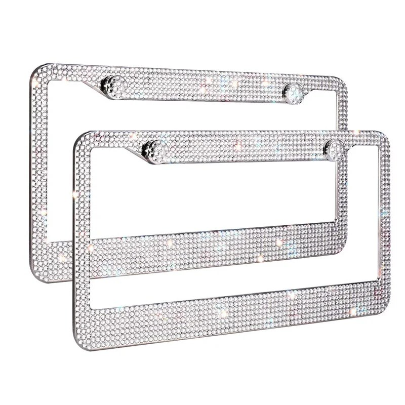 2 Pack Rhinestone Crystal License Plate Frames with Screw Caps