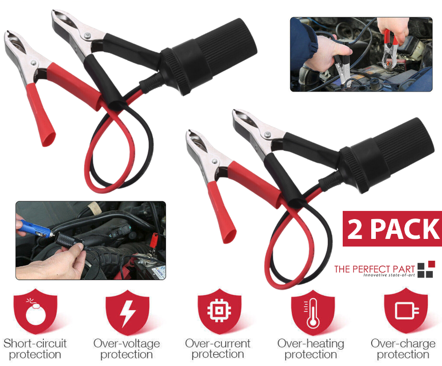 2 Pack 12-24V Battery Clamp to Female Cigarette Lighter Socket Adapters