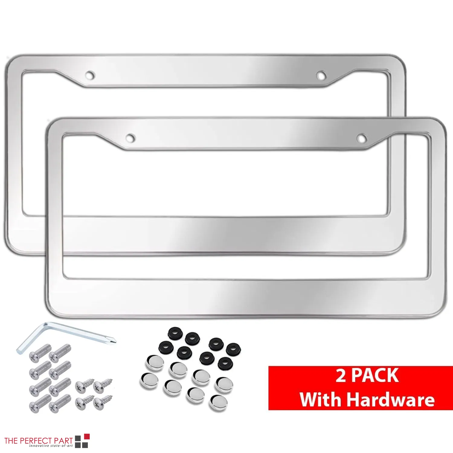 2 Pack Chrome 304 Stainless Steel License Plate Frames with Screw Caps