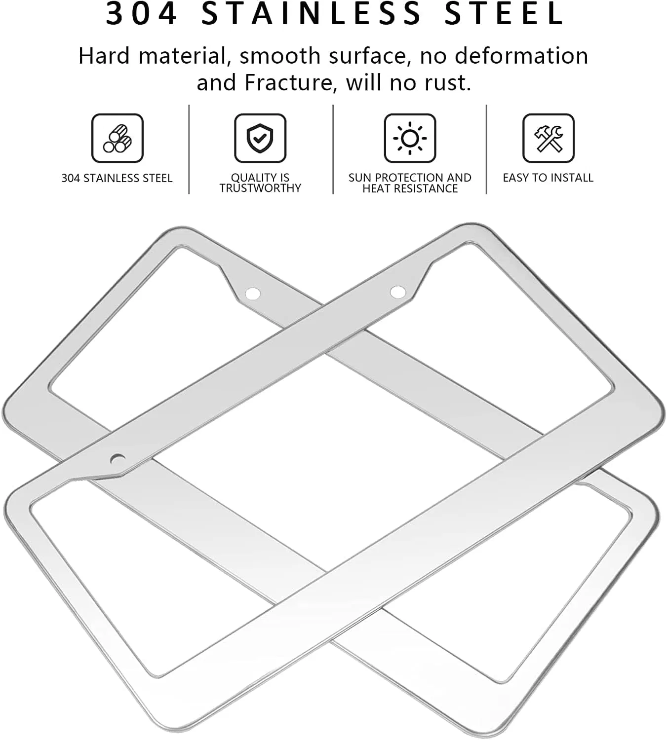 2 Pack Chrome 304 Stainless Steel License Plate Frames with Screw Caps