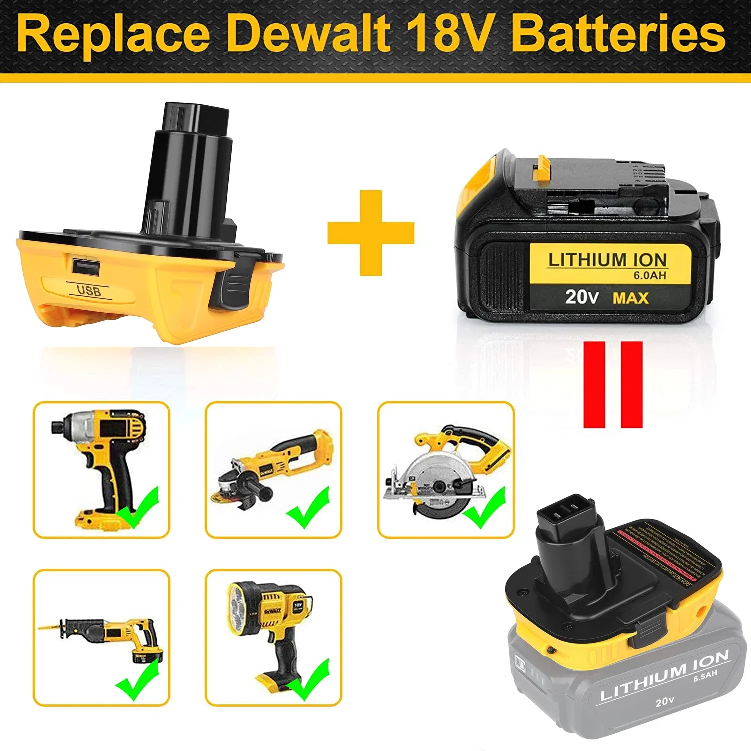 2 Pack DCA1820 Battery Adapters for DeWalt 20V Li-Ion to 18V Tools