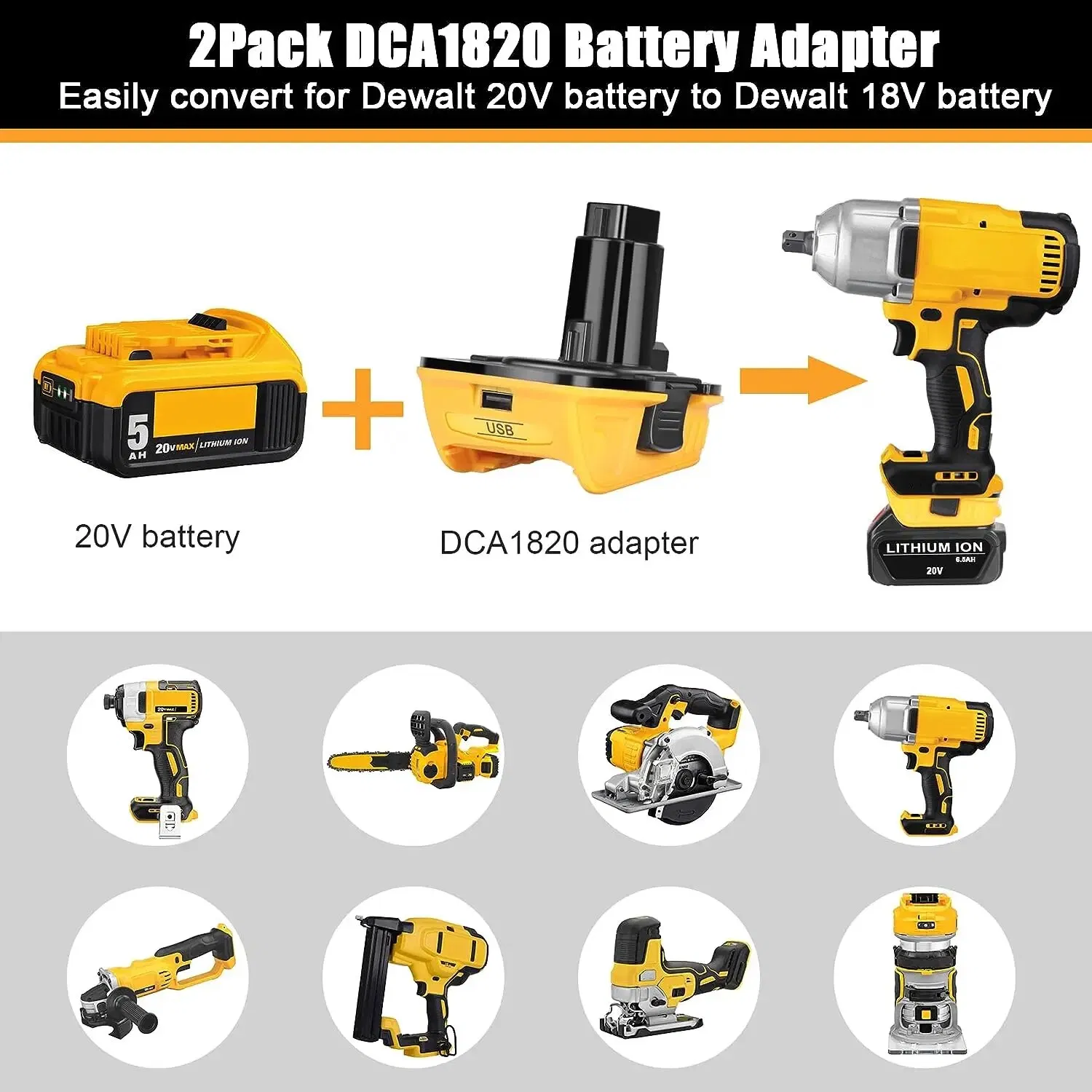 2 Pack DCA1820 Battery Adapters for DeWalt 20V Li-Ion to 18V Tools
