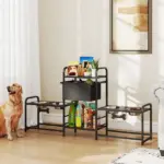 3 Height Adjustable Dog Bowl Stand with 2 Feeding Stations, Toy Bin Basket, Black - Image 10