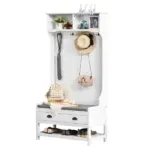 3-in-1 Hall Tree, Entryway Bench with Coat Rack, Shoe Rack, 2 Storage Drawers, 4 Hooks, Padded Seat, White - Image 11