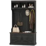 3-in-1 Hall Tree with Shoe Storage, Coat Rack with Bench, Entryway Furniture with Five Hooks, Black Wood Grain