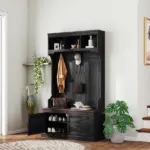 3-in-1 Hall Tree with Shoe Storage, Coat Rack with Bench, Entryway Furniture with Five Hooks, Black Wood Grain - Image 2