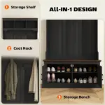 3-in-1 Hall Tree with Shoe Storage, Coat Rack with Bench, Entryway Furniture with Five Hooks, Black Wood Grain - Image 4