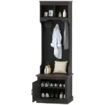 HOMCOM 3-in-1 Hall Tree with Shoe Storage Bench and 3 Coat Hooks Black Wood Grain
