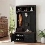3-in-1 Hall Tree with Shoe Storage, Coat Rack with Bench, Entryway Furniture with Five Hooks, Black Wood Grain - Image 9