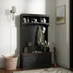 3-in-1 Hall Tree with Shoe Storage, Coat Rack with Bench, Entryway Furniture with Five Hooks, Black Wood Grain - Image 10