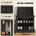 HOMCOM 3-in-1 Hall Tree with Shoe Storage Bench and 3 Coat Hooks Black Wood Grain - Image 4