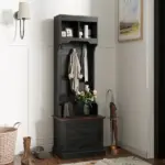 HOMCOM 3-in-1 Hall Tree with Shoe Storage Bench and 3 Coat Hooks Black Wood Grain - Image 10