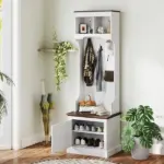 HOMCOM 3-in-1 Hall Tree with Shoe Storage Bench Coat Rack and 3 Hooks White Wood Grain - Image 2