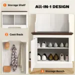 HOMCOM 3-in-1 Hall Tree with Shoe Storage Bench Coat Rack and 3 Hooks White Wood Grain - Image 4