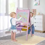 Qaba 3-in-1 Kids Wooden Art Easel with Paper Roll, Double-Sided, Chalkboard and Whiteboard, Storage Baskets, Pink - Image 2