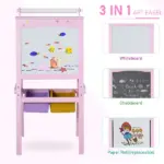 Qaba 3-in-1 Kids Wooden Art Easel with Paper Roll, Double-Sided, Chalkboard and Whiteboard, Storage Baskets, Pink - Image 4