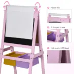 Qaba 3-in-1 Kids Wooden Art Easel with Paper Roll, Double-Sided, Chalkboard and Whiteboard, Storage Baskets, Pink - Image 6