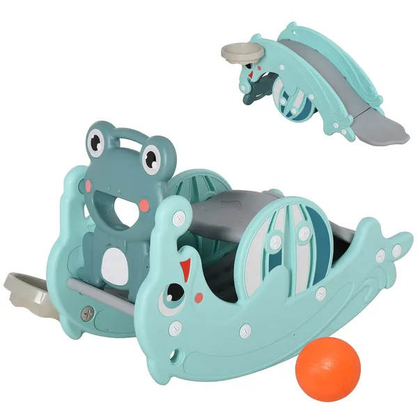 3-in-1-portable-slide-rocking-horse-with-basketball-hoop-indoor-outdoor-playground-toy-for-toddlers-3-5-years-green.webp Qaba 3-in-1 Toddler Slide Rocking Horse and Basketball Hoop Green for Ages 18-36 Months - Image 1