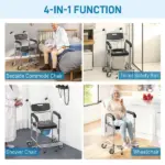 3-in-1 Shower Commode Wheelchair, Accessible Transport Commode Rolling Chair, Black - Image 4