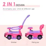 3 in 1 Toddler Ride-On Car, Push Car, Sliding Walking Toy, Horn, Music, Light, Pink, 1-3 Years Old - Image 4