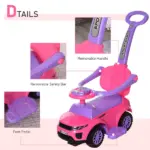 3 in 1 Toddler Ride-On Car, Push Car, Sliding Walking Toy, Horn, Music, Light, Pink, 1-3 Years Old - Image 5