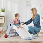 3-in-1 Toddler Slide for Age 1-3, Freestanding Kids Slide with Climber, Basketball Hoop and Ball, Giraffe Design, Blue - Image 2