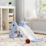3-in-1 Toddler Slide for Age 1-3, Freestanding Kids Slide with Climber, Basketball Hoop and Ball, Giraffe Design, Blue - Image 10