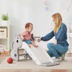 3-in-1 Toddler Slide for Age 1-3, Freestanding Kids Slide with Climber, Basketball Hoop and Ball, Giraffe Design, Gray - Image 2